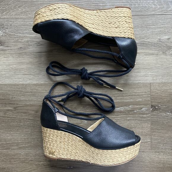 Michael Kors Espadrilles Platform Sandals Sz 8 Black Leather Tie-up - Picture 3 of 15